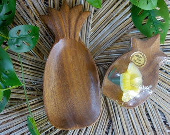 Vintage set 5 Monkey Pod wood bowl & side dish, small pineapple shaped appetizer plate, tropical Hawaiian tiki bar eclectic fun beach decor