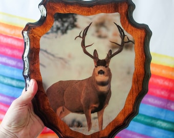 Vintage 70s resin plaque 12.5x10.25" handmade arrowhead wood carved deer wall hanging, gift for buck hunter, rustic cabin or man cave decor