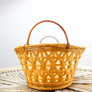 Wide, low vintage basket with handles 13 x 11 bohemian woven storage box, wicker rattan table top decorative catch all for farmhouse decor image 3