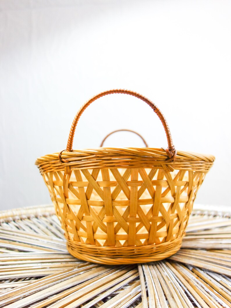 Wide, low vintage basket with handles 13 x 11 bohemian woven storage box, wicker rattan table top decorative catch all for farmhouse decor image 3