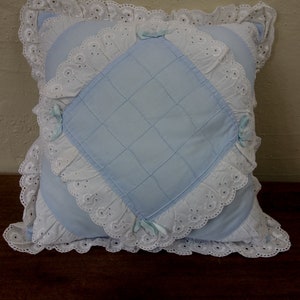 Vintage 80s square throw pillow 13x13 pastel blue with ribbon and lace ruffle for shabby cottagecore decor, nursery accent pillowcase image 4