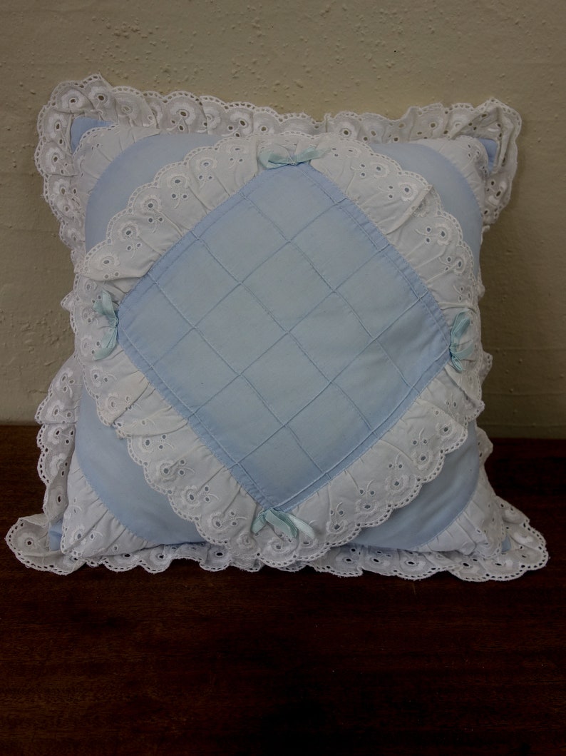 Vintage 80s square throw pillow 13x13 pastel blue with ribbon and lace ruffle for shabby cottagecore decor, nursery accent pillowcase image 4