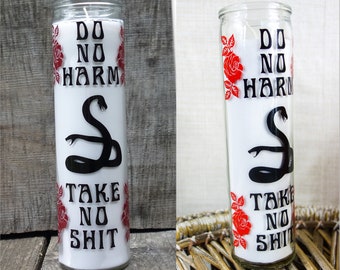 Do No Harm Take No Sh*t 7 day prayer candle feminist saying for witchy home decor, modern women empowerment phrase, tall glass candle altar