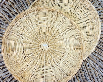 Set of 2 - 14" large sturdy woven rattan trays or wicker charger plate for outdoor dining BBQ, picnic, camping, hanging wall basket or plate