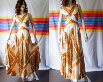 70s XS dress with huge sweep, full length psychedelic bohemian tank resortwear, evening gown, beach wedding, or cruise clothing by Keyloun