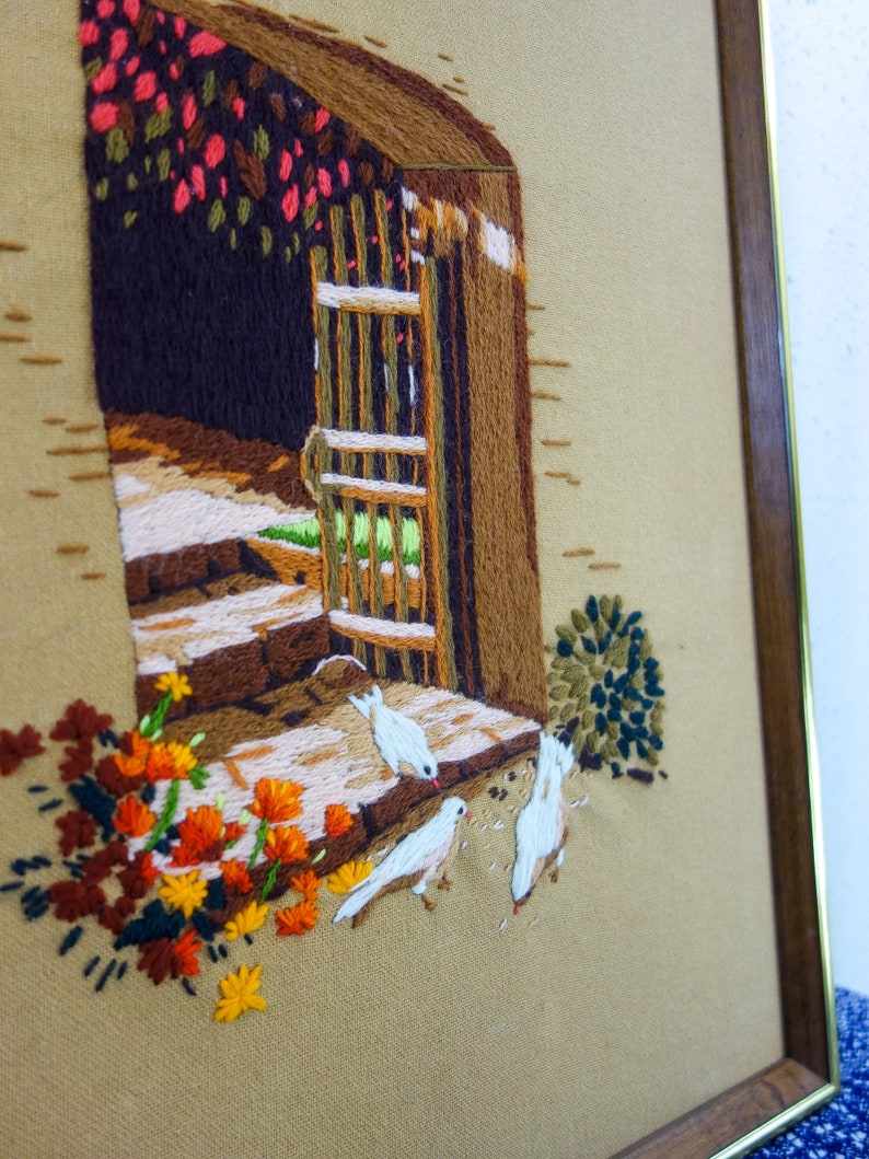 Vintage framed crewel 19.25x 15.25 yarn needlework large 70s wall art with floral, doves, gate motif for cottagecore decor folk wood fiber image 5