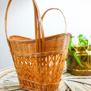 Vintage woven basket with handles 13 x 9.5 thin wicker rattan table top or decorative wall basket farmhouse decor wall hanging image 5