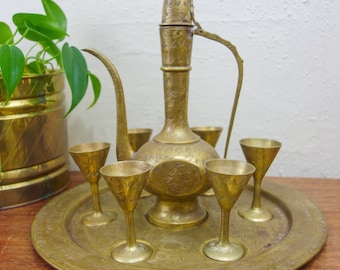 Vintage large etched brass aftaba with 6 goblets and tray, serving set with platter, pitcher, sherry glasses, patina for bohemian home decor