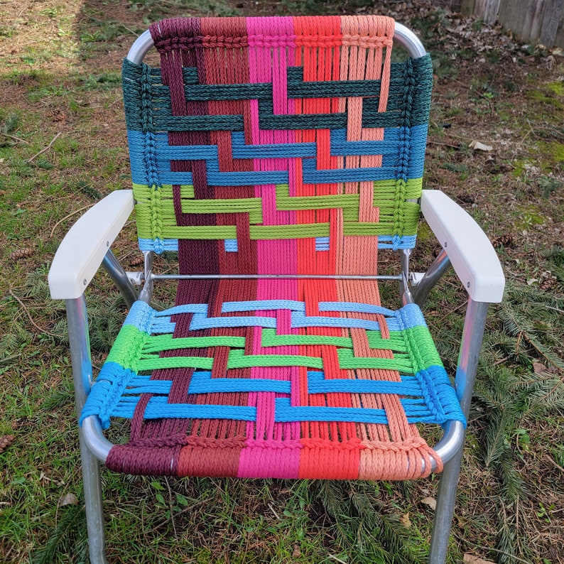 Handmade macrame woven lawn chair neon colors pink, blue, green, unique outdoor furniture for camping, glamping, van life forest fathers image 8