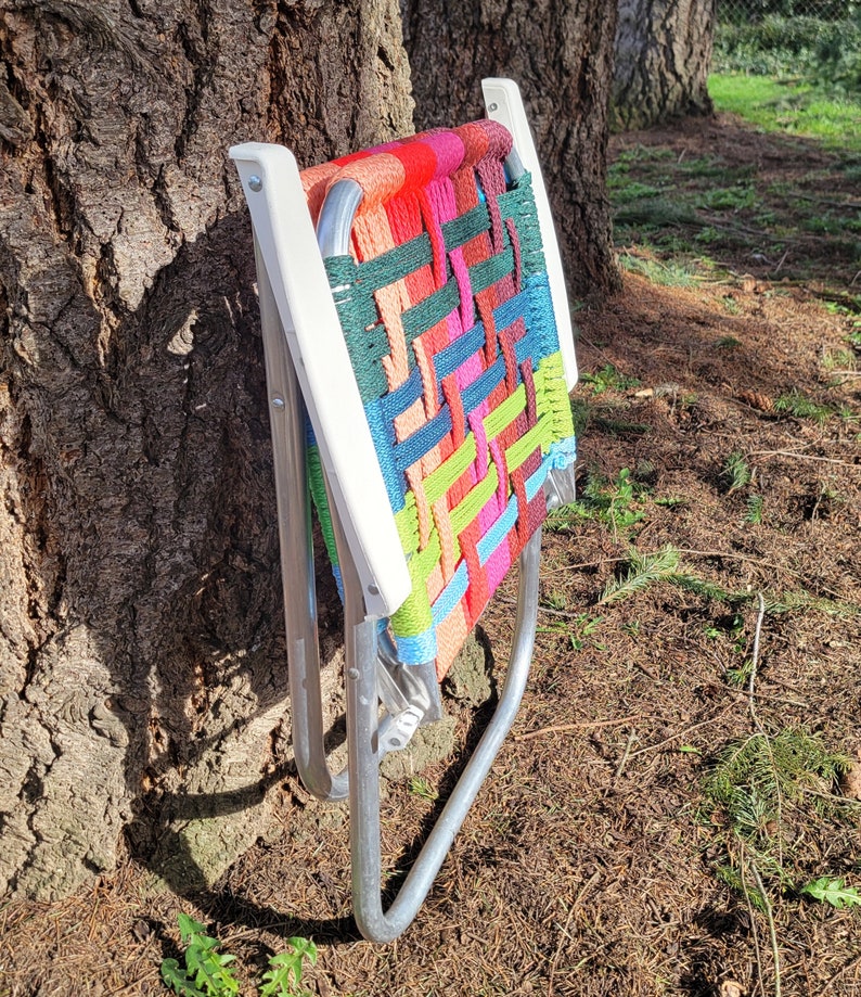 Handmade macrame woven lawn chair neon colors pink, blue, green, unique outdoor furniture for camping, glamping, van life forest fathers image 7