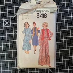 May include: Simplicity sewing pattern number 8418 for a dress with a vest. The pattern includes two sizes, 14 and 16, for misses. The pattern shows three models wearing different versions of the dress.