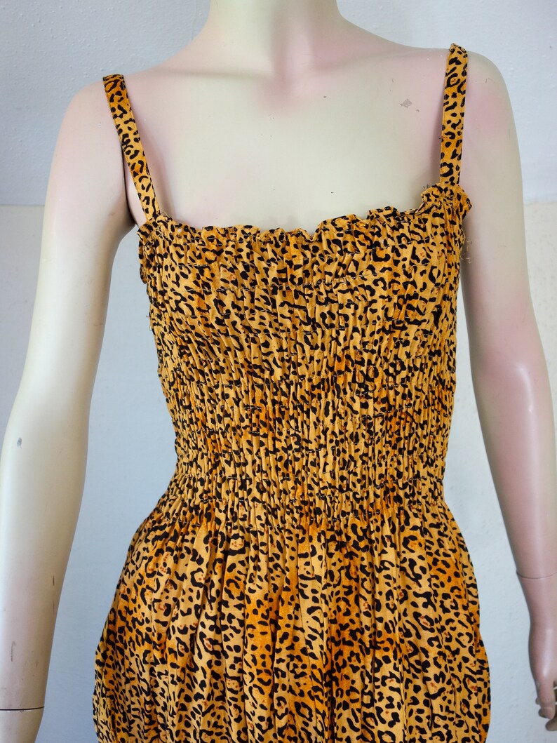 Vintage leopard print dress size small medium or large, 90s Y2K animal print sexy sleeveless smocked sundress with spaghetti straps image 8