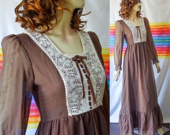 70s maxi prairie dress size XS, full length lace cottagecore, vintage groovy brown long sleeve hippie style gown w/ sheer puff mutton sleeve