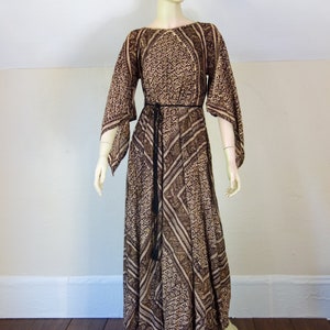 70s Paisley Block Print Cotton Caftan Dress: Angel Sleeve Maxi