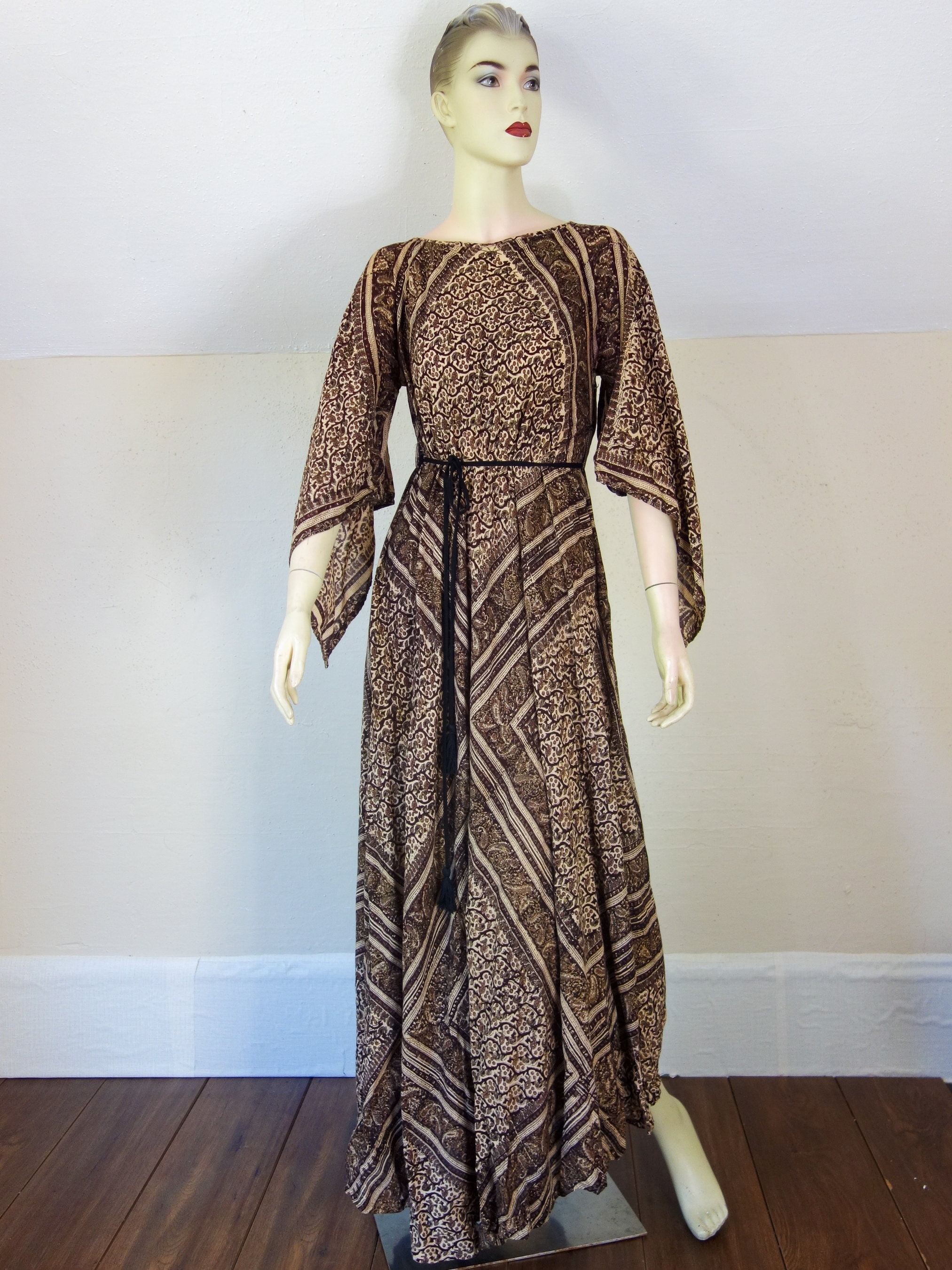 70s Paisley Block Print Cotton Caftan Dress: Angel Sleeve Maxi