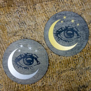 Moon witch all seeing eye wall art 6 wood, modern witchcraft mystical altar feminist home decor, celestial evil eye gold silver crescent image 5