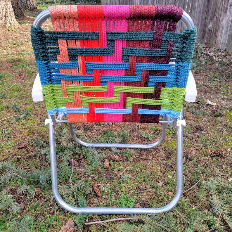 Handmade macrame woven lawn chair neon colors pink, blue, green, unique outdoor furniture for camping, glamping, van life forest fathers image 5