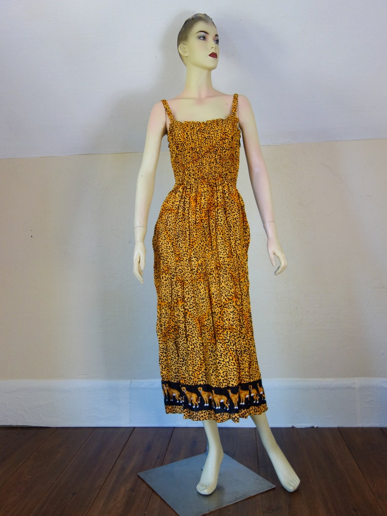 Vintage leopard print dress size small medium or large, 90s Y2K animal print sexy sleeveless smocked sundress with spaghetti straps image 10