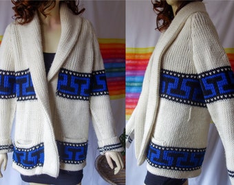 Vintage Lebowski style cardigan size small, med, large, heavy warm chunky winter sweater with shawl collar and pockets, blue and white knit