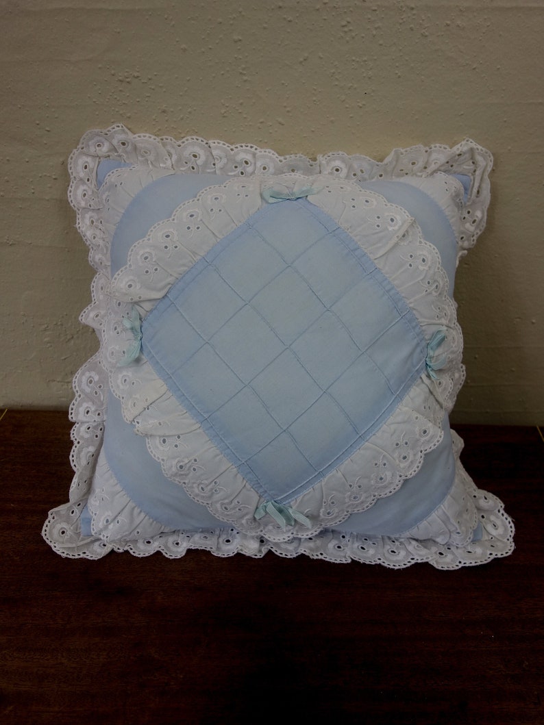 Vintage 80s square throw pillow 13x13 pastel blue with ribbon and lace ruffle for shabby cottagecore decor, nursery accent pillowcase image 2