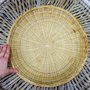 Vintage Woven Rattan Tray, 15 XL Large Wicker Plate for BBQ, Picnic, Camping, Heavy Duty Platter, Hanging Wall Basket Bohemian Wall Art image 1