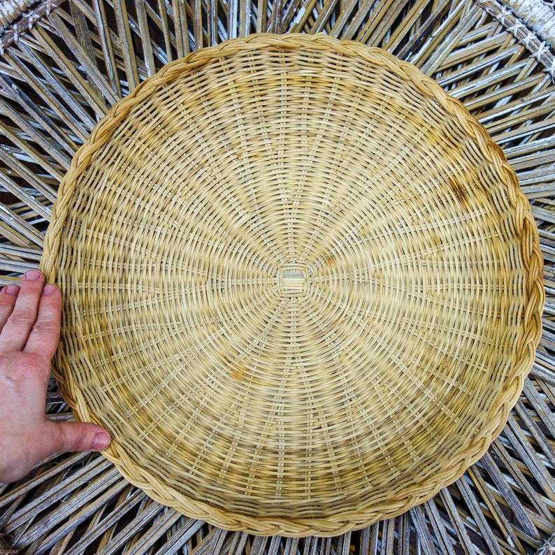 Vintage Woven Rattan Tray, 15 XL Large Wicker Plate for BBQ, Picnic, Camping, Heavy Duty Platter, Hanging Wall Basket Bohemian Wall Art image 1