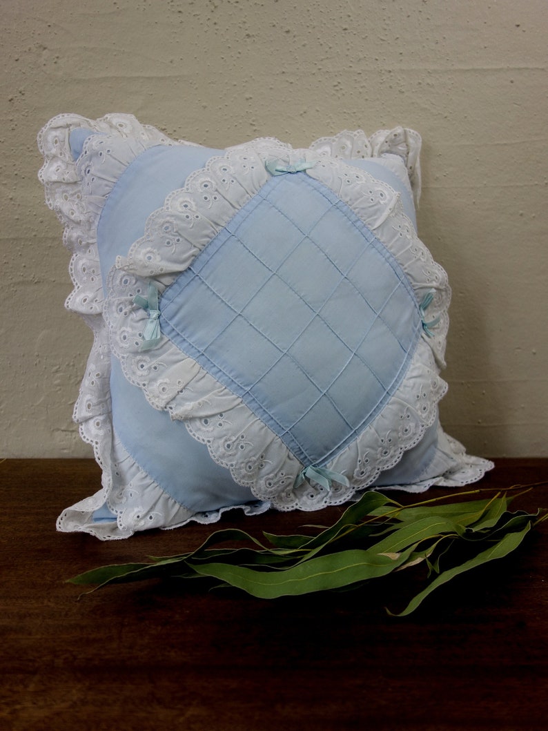 Vintage 80s square throw pillow 13x13 pastel blue with ribbon and lace ruffle for shabby cottagecore decor, nursery accent pillowcase image 1