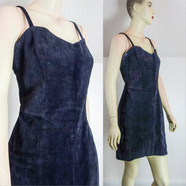 90s black suede leather dress size small, vintage sexy spaghetti strap mini bodycon rock and roll biker chick LBD with sweetheart neckline