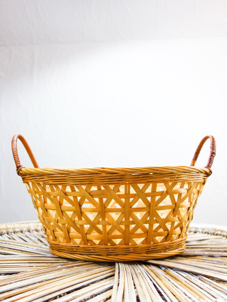 Wide, low vintage basket with handles 13 x 11 bohemian woven storage box, wicker rattan table top decorative catch all for farmhouse decor image 2