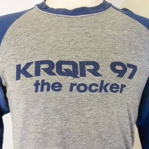 Vintage KRQR SF radio t shirt large XL, 80s super worn in, thin, soft faded baseball tee, rock & roll California Bay Area single stitch image 1