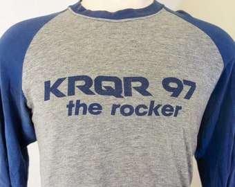 Vintage KRQR SF radio t shirt large XL, 80s super worn in, thin, soft faded baseball tee, rock & roll California Bay Area single stitch