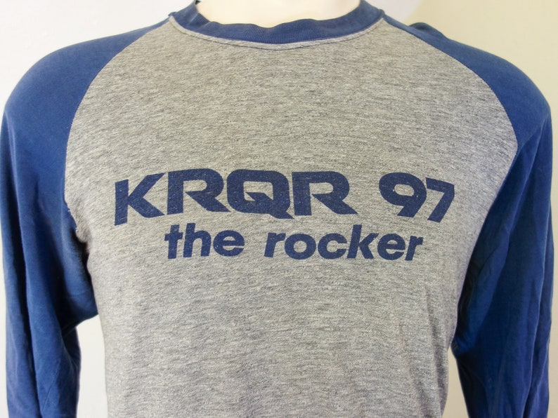 Vintage KRQR SF radio t shirt large XL, 80s super worn in, thin, soft faded baseball tee, rock & roll California Bay Area single stitch image 1