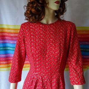 60s wiggle dress size small red cotton, vintage wounded 50s 3/4 sleeve cocktail garden party crew neck modest professional work or day dress image 6