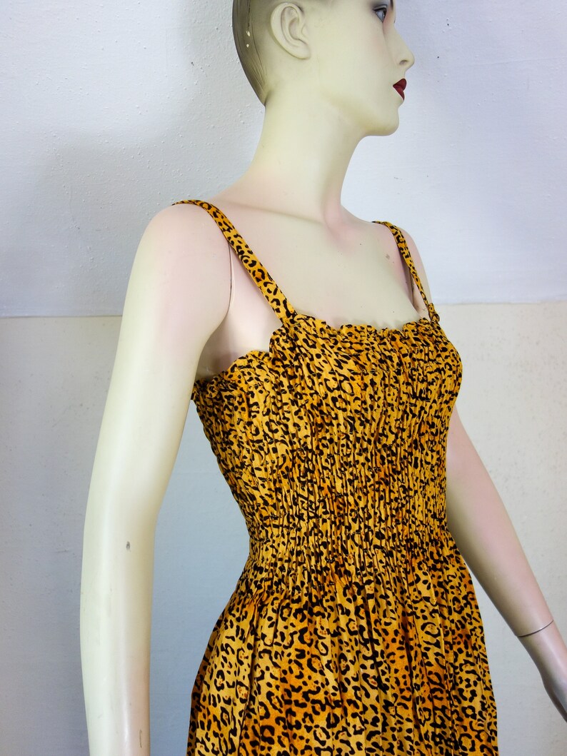 Vintage leopard print dress size small medium or large, 90s Y2K animal print sexy sleeveless smocked sundress with spaghetti straps image 3
