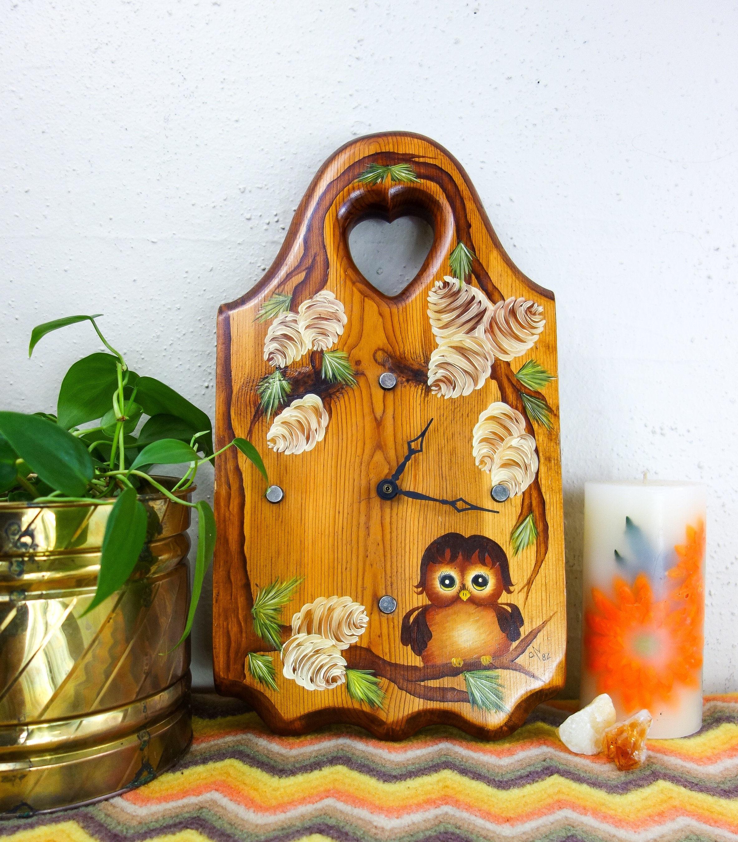 Vintage 80s Owl Wood Wall Clock: Rustic Cottagecore Decor