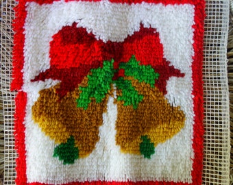 80s Christmas latch hook 15x15" complete Xmas bells finished handmade latchhook rug or pillow by WonderArt