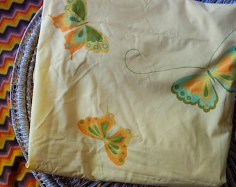 Vintage 70s Hanae Mori flat sheet, twin size bedsheet set groovy 70s colors boho bedding butterfly yellow flower power hippie decor