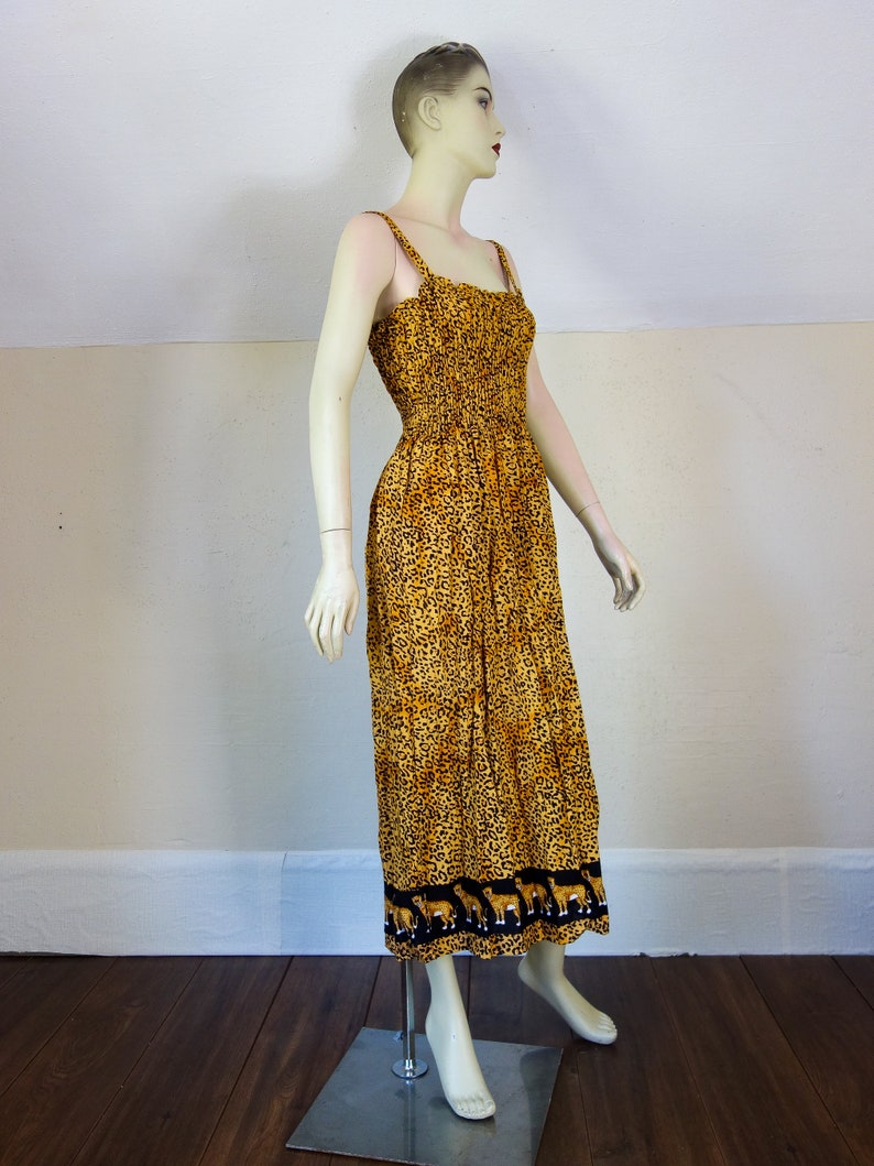 Vintage leopard print dress size small medium or large, 90s Y2K animal print sexy sleeveless smocked sundress with spaghetti straps image 2