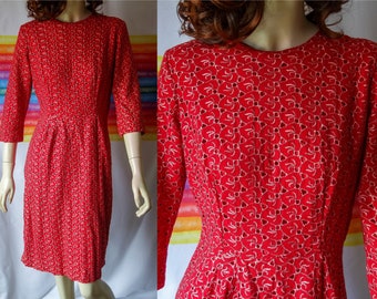 60s wiggle dress size small red cotton, vintage wounded 50s 3/4 sleeve cocktail garden party crew neck modest professional work or day dress