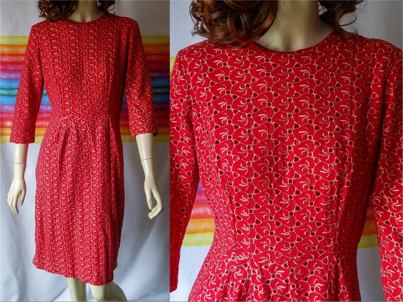 60s wiggle dress size small red cotton, vintage wounded 50s 3/4 sleeve cocktail garden party crew neck modest professional work or day dress image 1