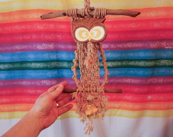 Vintage Macrame Owl with Ceramic Beads - 70s Boho Decor
