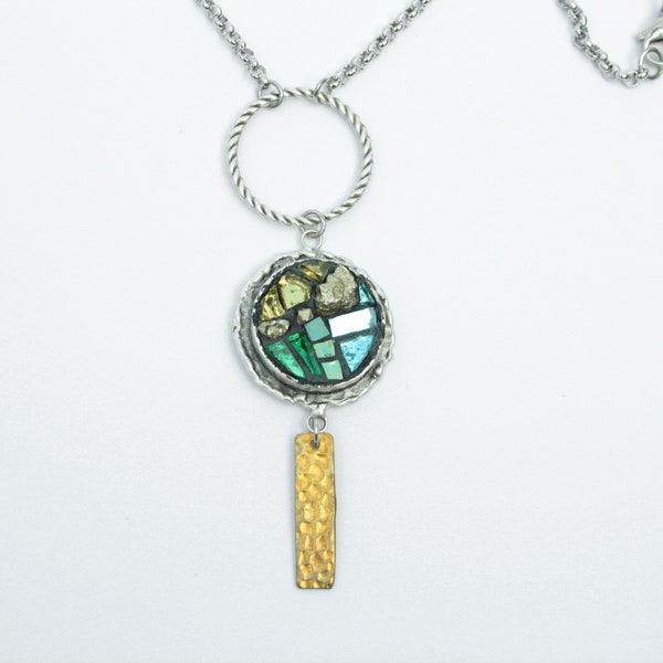 Jewel in Italian artistic mosaic, made with slab glass, bronze pyrite and steel. Unique jewel gift idea micro mosaic