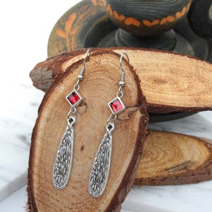 Red and silver mosaic earrings 925 Italian jewel. Boho style long pendant earrings. Women&#39;s jewelry gift idea