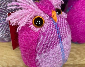 Handcrafted Harris Tweed Fabric Owl Ornament: Unique Pink Scottish Gift, Wedding, Housewarming, Birthday