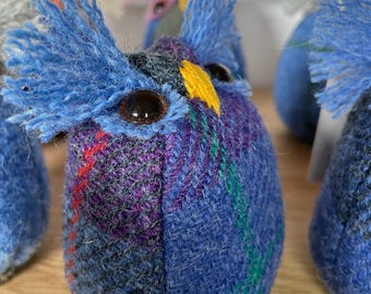 Handcrafted Harris Tweed Fabric Owl Ornament: Unique Scottish Gift, Blue, Birthday, Teacher