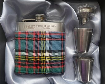 Engraved Harris Tweed or Tartan Hip Flask: Stainless Steel Scottish Gift, Personalised for weddings, birthdays, retirement etc