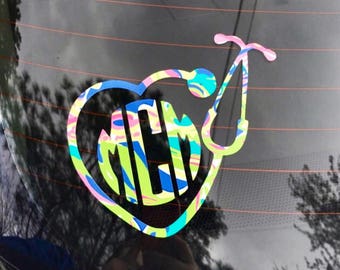 Nurse decal / Stethoscope decal / Monogrammed car decal / car sticker / yeti cup decal / laptop decals / custom mongram / Lilly monogram