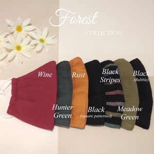 Forest Collection color card
Colors: Wine, Hunter green, Rust, Black (square patterned gauze fabric), Black stripes, Meadow green, and Black (bubble gauze fabric)