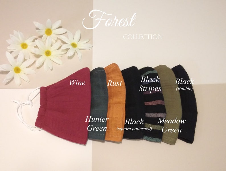 Forest Collection color card
Colors: Wine, Hunter green, Rust, Black (square patterned gauze fabric), Black stripes, Meadow green, and Black (bubble gauze fabric)