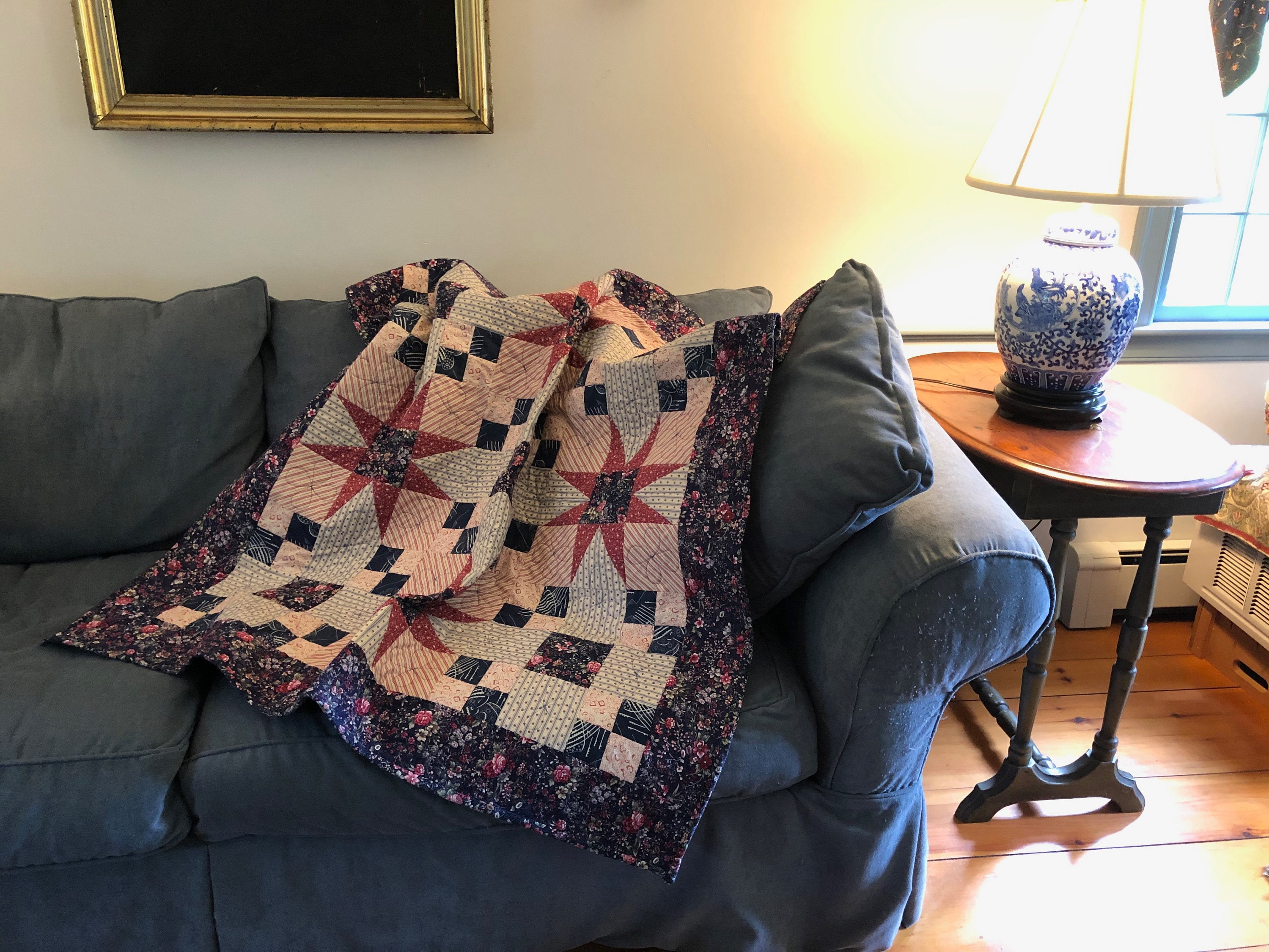 Quilted Table Cover, Quilted Wall Hanging, Texas Star Pattern in Blues